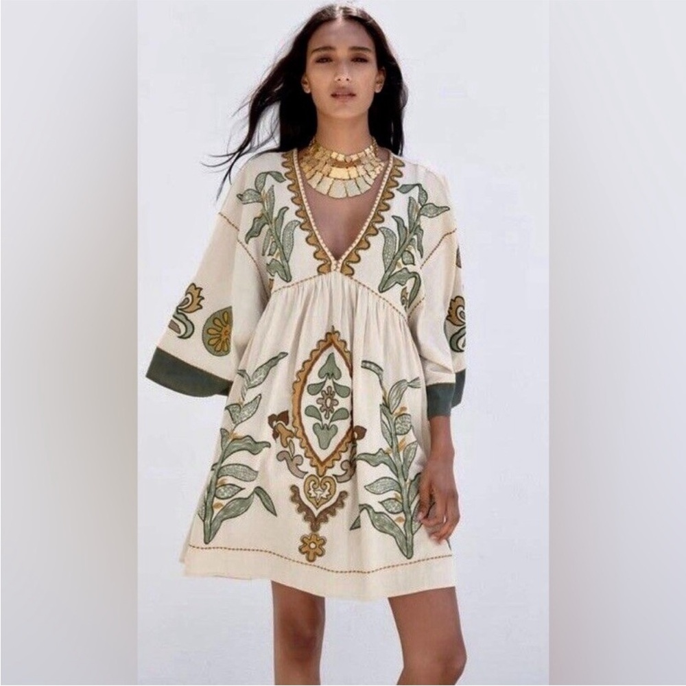 Rare Zara Romy Embroidered Mini Cotton Linen Blend Dress Ecru Boho Size Medium